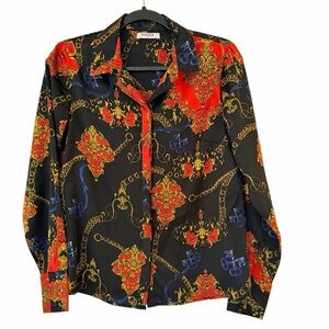 ASOS Black Silky Button Down Shirt with Red and Blue Baroque Design